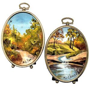 Miniature Oil Paintings Signed Langley Oval Landscape Set Of 2 Vintage